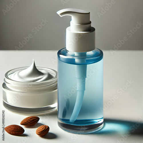 Elegant Skincare Essentials: Blue Pump Bottle and Cream Jar with Almonds