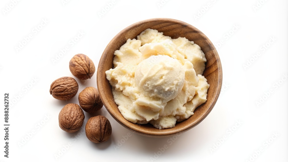 Shea Butter in Wooden Bowl with Nuts, Shea Butter, Nut Oil, Skincare, Natural Beauty Shea Butter in Wooden Bowl with Nuts, Shea Butter, Nut Oil, Skincare, Natural Beauty