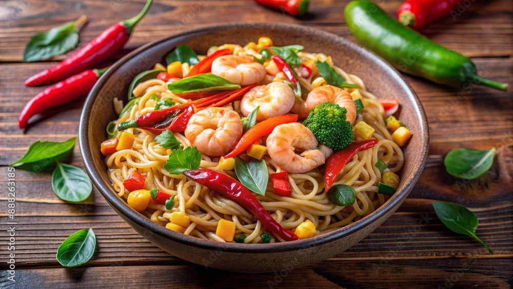 Spicy Shrimp Stir-Fry Noodles in a Brown Bowl on Wooden Table, Shrimp, Noodles, Stir-fry, Asian Cuisine Spicy Shrimp Stir-Fry Noodles in a Brown Bowl on Wooden Table, Shrimp, Noodles, Stir-fry, Asian Cuisine