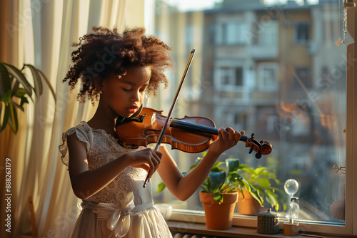 Black girl playing the violin in her room. Music concept.