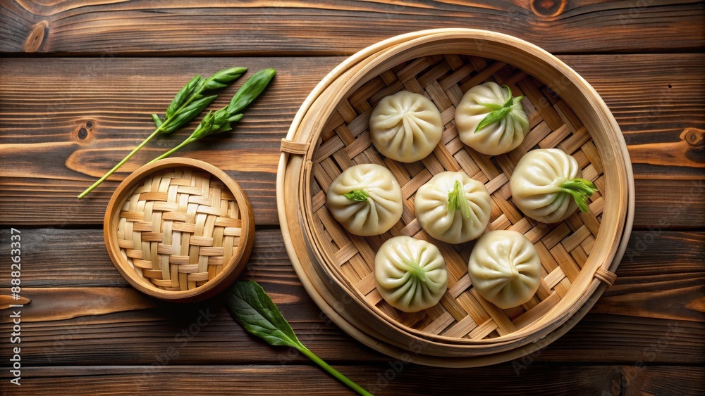 Steamed Buns in Bamboo Steamer on Wooden Background, Steamed Bun, Chinese Food, Dim Sum, Dumpling Steamed Buns in Bamboo Steamer on Wooden Background, Steamed Bun, Chinese Food, Dim Sum, Dumpling
