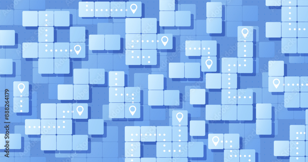 Navigation plan highlights way to point. Abstract concept of navigation on Squares background. Pins on Squares. Vector illustration
