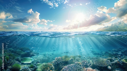 Split underwater view with sunny sky and serene sea photo