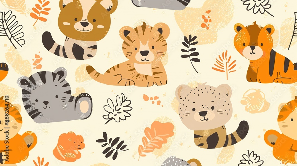 Cute Tiger and Animal Pattern On White Background Cute Tiger and Animal Pattern On White Background