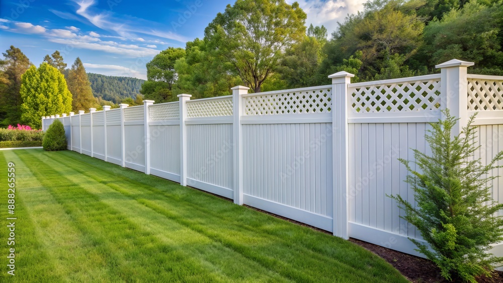 White Privacy Fence with Lattice Top, Backyard Landscape, Green Grass, Outdoor Design , fence, privacy, backyard White Privacy Fence with Lattice Top, Backyard Landscape, Green Grass, Outdoor Design , fence, privacy, backyard