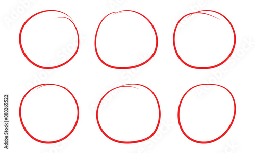 Red circle, pen draw set. Highlight hand drawn circle isolated on background. Handwritten red circle. For marker pen, pencil, logo and text check.