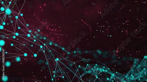 Turquoise dots linked by teal threads on a dark burgundy backdrop, text area in the lower left