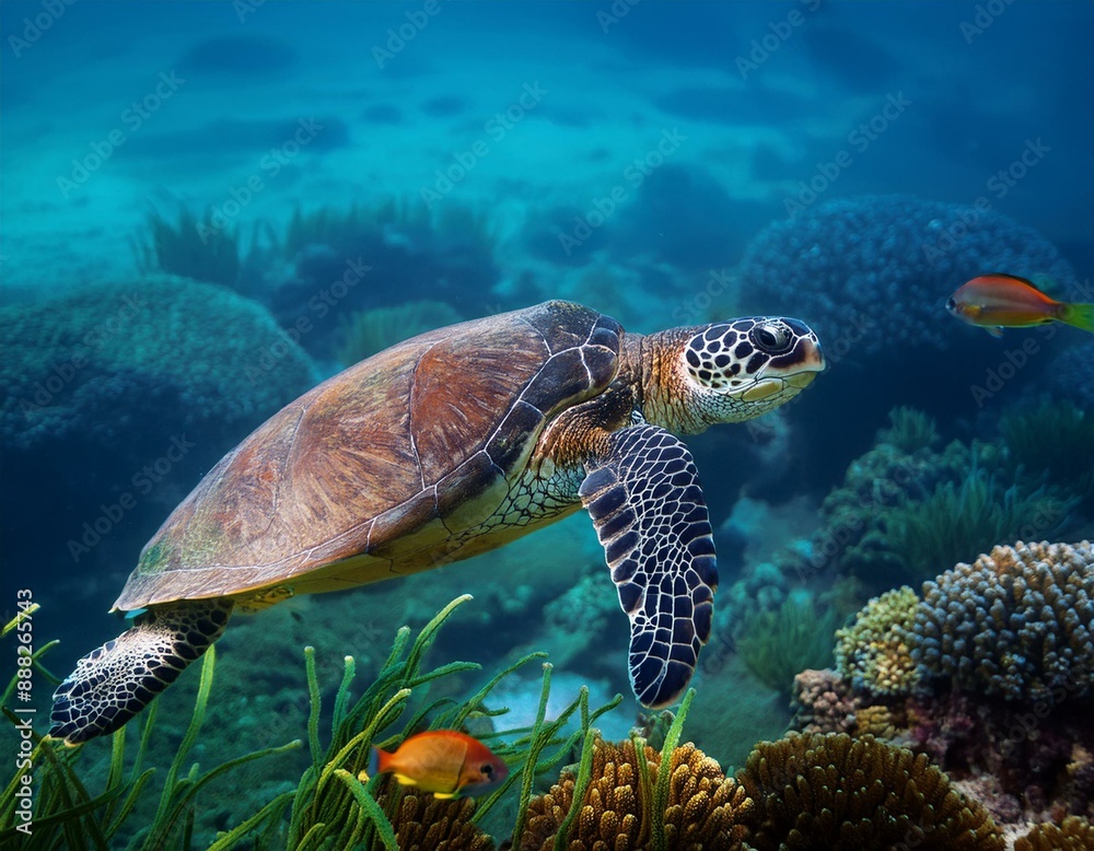 Obraz premium Schildkröte unter Wasser - Sonnenstrahlen und aquatische Pflanzen 