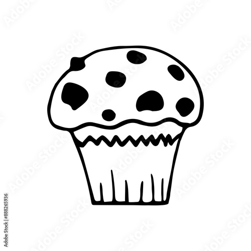 A cute hand-drawn muffin in black and white, a pastry doodle, a cake icon