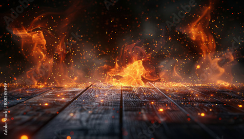 Blank wooden table with fire burning at the edge of the table, fire sparks and smoke with flames on a dark background to display products