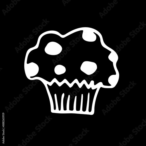 A cute hand-drawn muffin in black and white, a pastry doodle, a cake icon