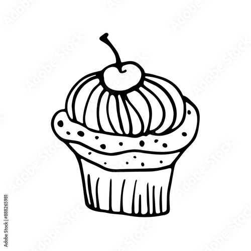 A cute hand-drawn muffin , a black and white  cupcake icon, a pastry doodle, a cake sketch