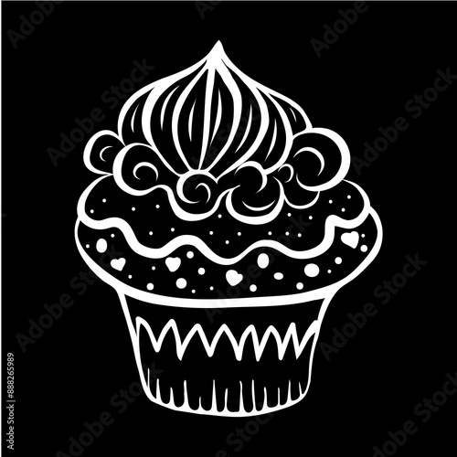 A cute cupcake with whipped cream on top, a black and white cupcake icon, a pastry doodle, a cake sketch