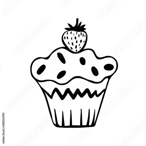 A cute hand-drawn muffin , a black and white  cupcake with a strawberry icon, a pastry doodle, a cake sketch