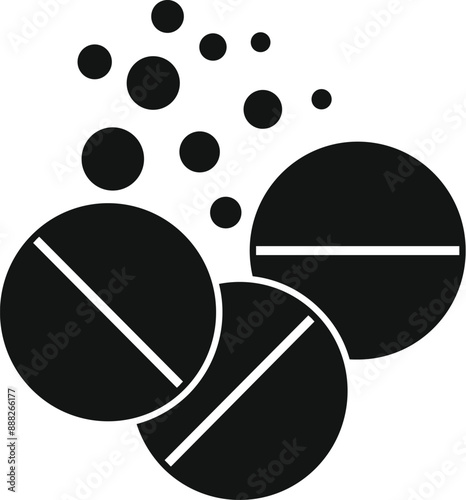 Black and white illustration of round tablets falling creating an abstract composition