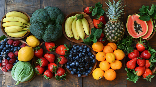 Vibrant Assortment of Fresh Fruits & Vegetables on Rustic Wooden Table