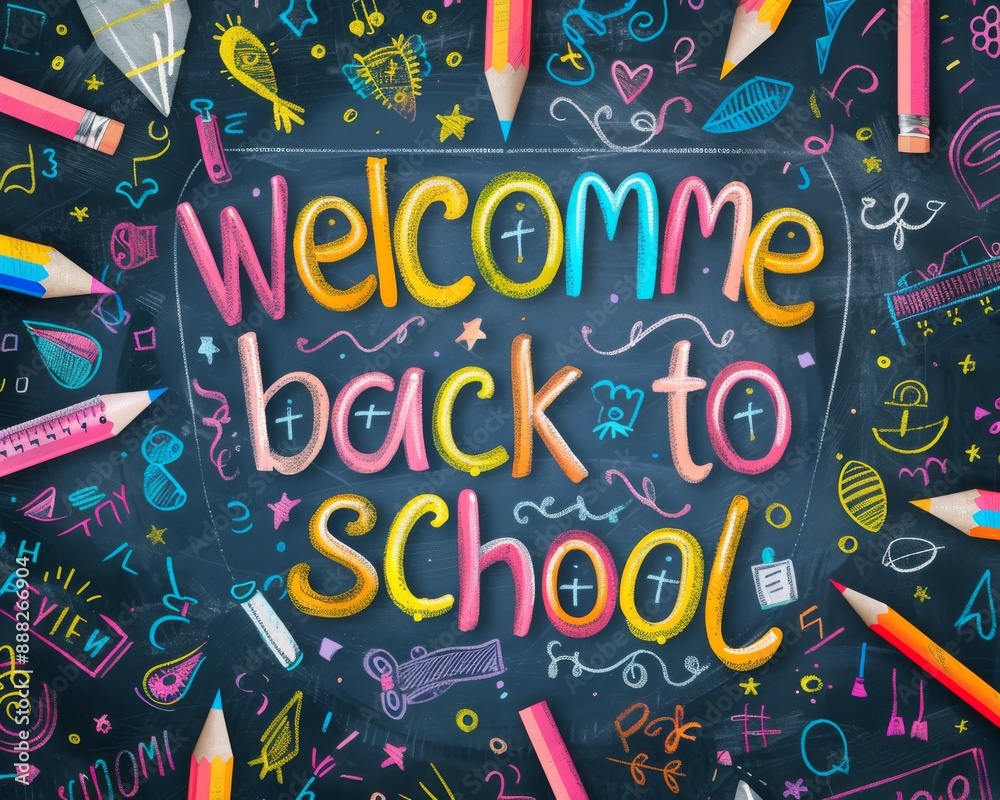 A welcome back to school banner drawn on a blackboard with colorful chalk and school items. Modern illustration. A welcome back to school banner drawn on a blackboard with colorful chalk and school items. Modern illustration.