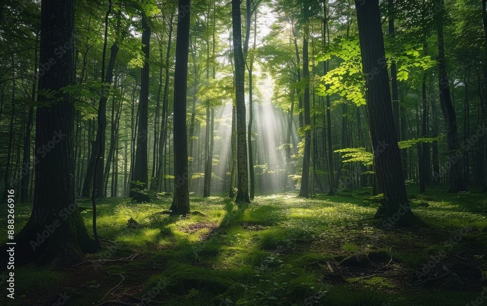 Fototapeta premium dense forest with tall trees, sunlight filtering through the leaves creating dappled light and shadow on the ground