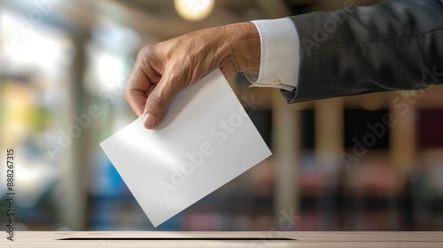 voting hand with ballot on election day photo