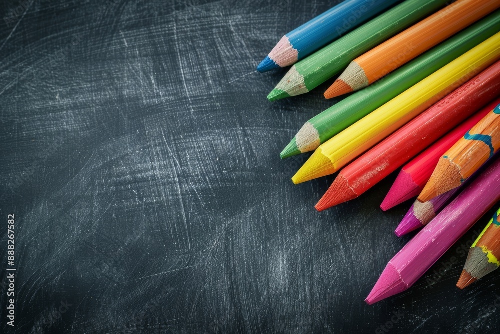 Back to school background with colored crayons on the blackboard.