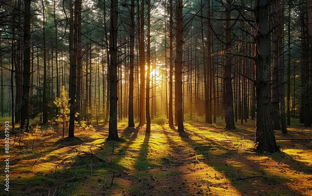 Obraz premium dense forest with tall trees, sunlight filtering through the leaves creating dappled light and shadow on the ground