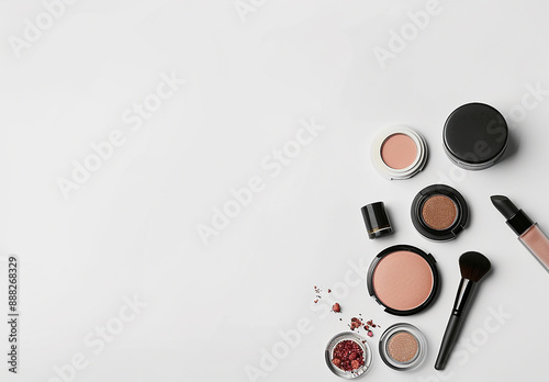 Makeup products and cosmetics on a white background, stock photo, space for text