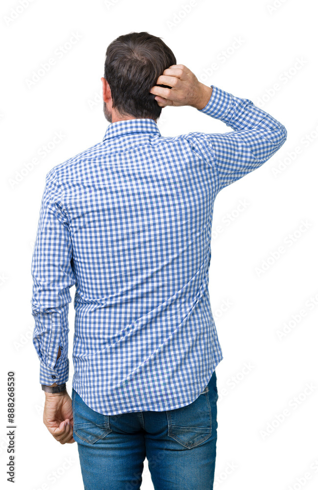 Handsome middle age elegant senior man over isolated background Backwards thinking about doubt with hand on head Handsome middle age elegant senior man over isolated background Backwards thinking about doubt with hand on head