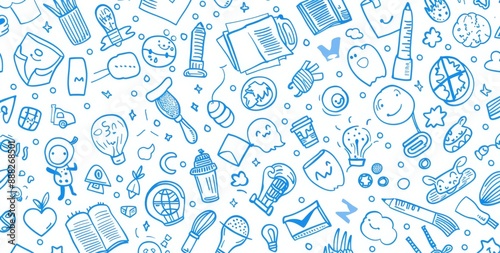 This is a salute to back-to-school doodle background. It has elements from hand-drawn illustrations. Education concept. Typeface emblem.