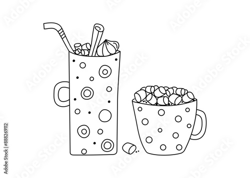 Set of cup and mug with desserts, sweets. Drawings, doodles. We prepare a delicious cocoa-milk dessert in mugs, pour marshmallows.