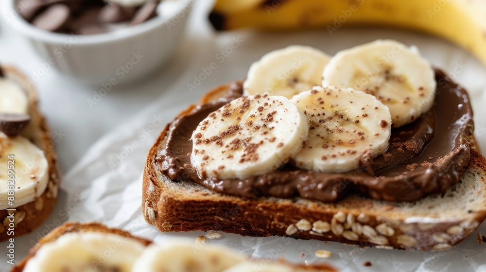 close-up of chocolate hummus spread on a slice of toasted bread, topped with banana slices close-up of chocolate hummus spread on a slice of toasted bread, topped with banana slices