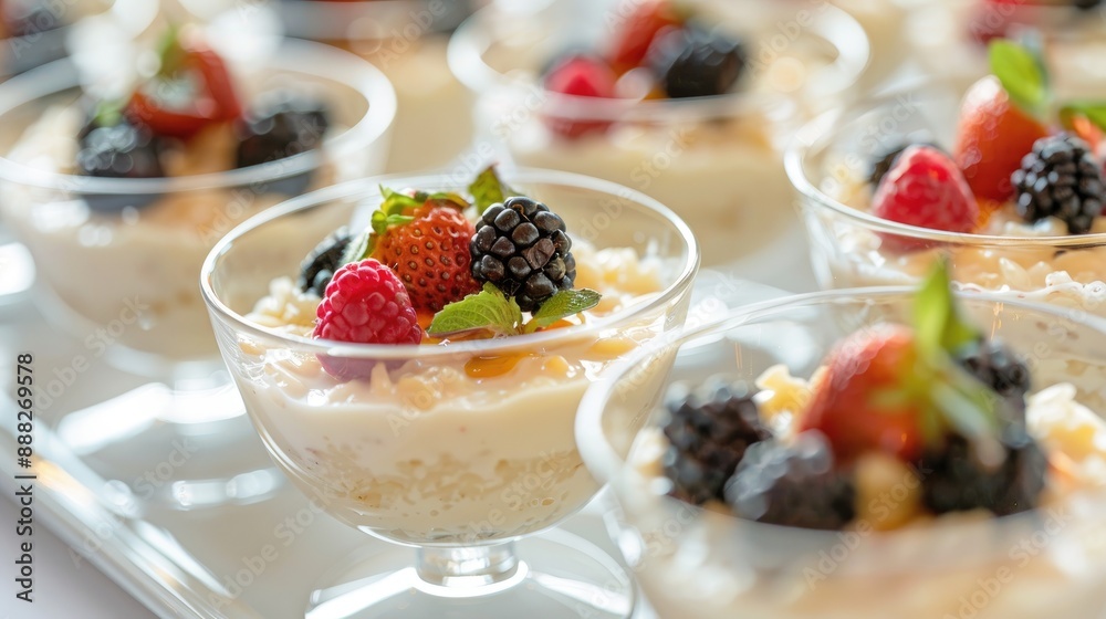 close-up of rice pudding served in elegant glass dessert bowls, emphasizing presentation close-up of rice pudding served in elegant glass dessert bowls, emphasizing presentation