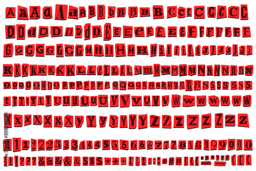 Red Cut out ransom vector letters alphabet. Blackmail or Ransom Kidnapper Anonymous Note Font. Latin English Letters, Numbers and punctuation symbols. Criminal ransom Cutout letters. Compose your own