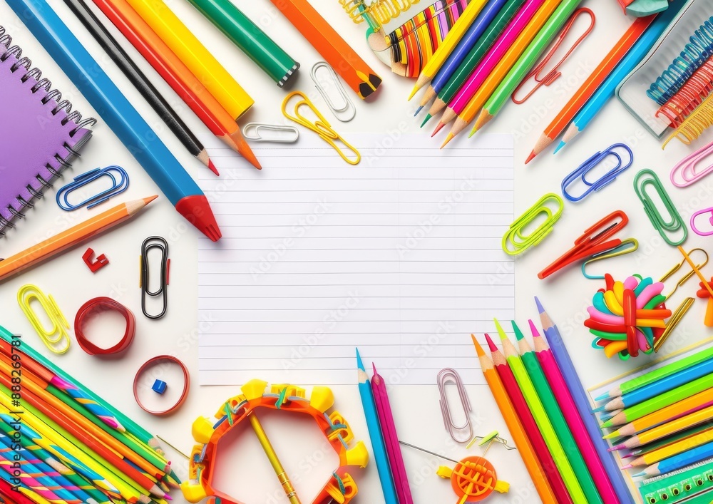 Concept of back to school with school supplies displayed in an open notebook Concept of back to school with school supplies displayed in an open notebook