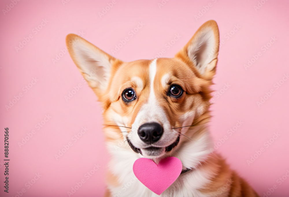 Cute corgi dog with a heart-shaped collar on pink panoramic background, san valentine