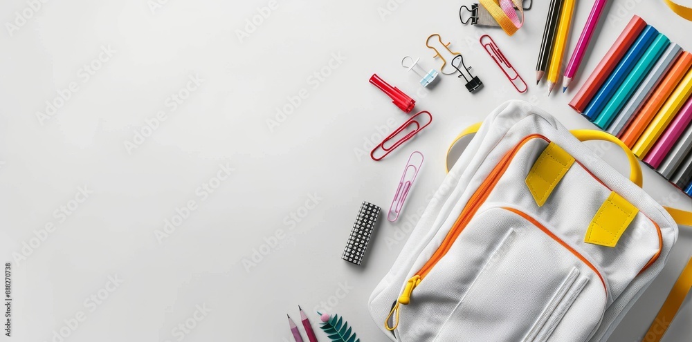 A backpack filled with colorful school supplies is displayed on a white background. It is back to school time. Flat lay, top view, copy area. A backpack filled with colorful school supplies is displayed on a white background. It is back to school time. Flat lay, top view, copy area.
