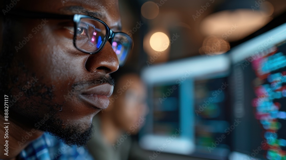 A programmer intently coding with multiple computer monitors displaying various lines of codes, representing the intense focus and concentration required in software development. A programmer intently coding with multiple computer monitors displaying various lines of codes, representing the intense focus and concentration required in software development.