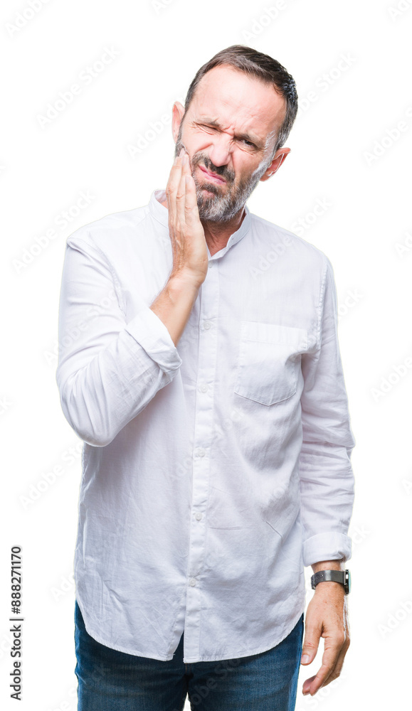 Middle age hoary senior man over isolated background touching mouth with hand with painful expression because of toothache or dental illness on teeth. Dentist concept. Middle age hoary senior man over isolated background touching mouth with hand with painful expression because of toothache or dental illness on teeth. Dentist concept.