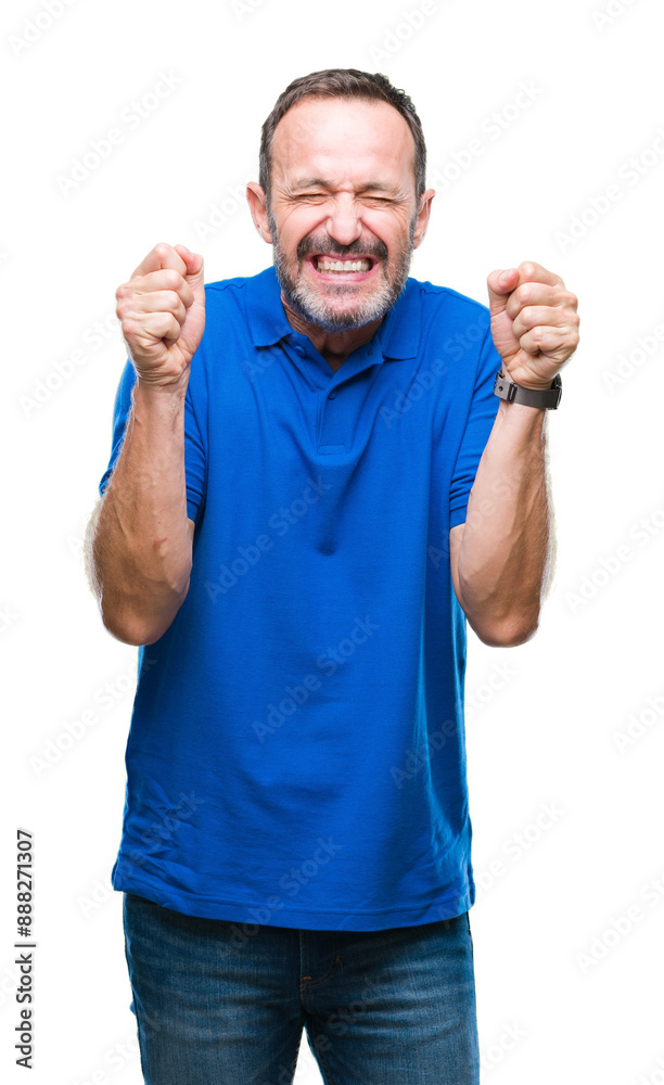Middle age hoary senior man over isolated background excited for success with arms raised celebrating victory smiling. Winner concept. Middle age hoary senior man over isolated background excited for success with arms raised celebrating victory smiling. Winner concept.