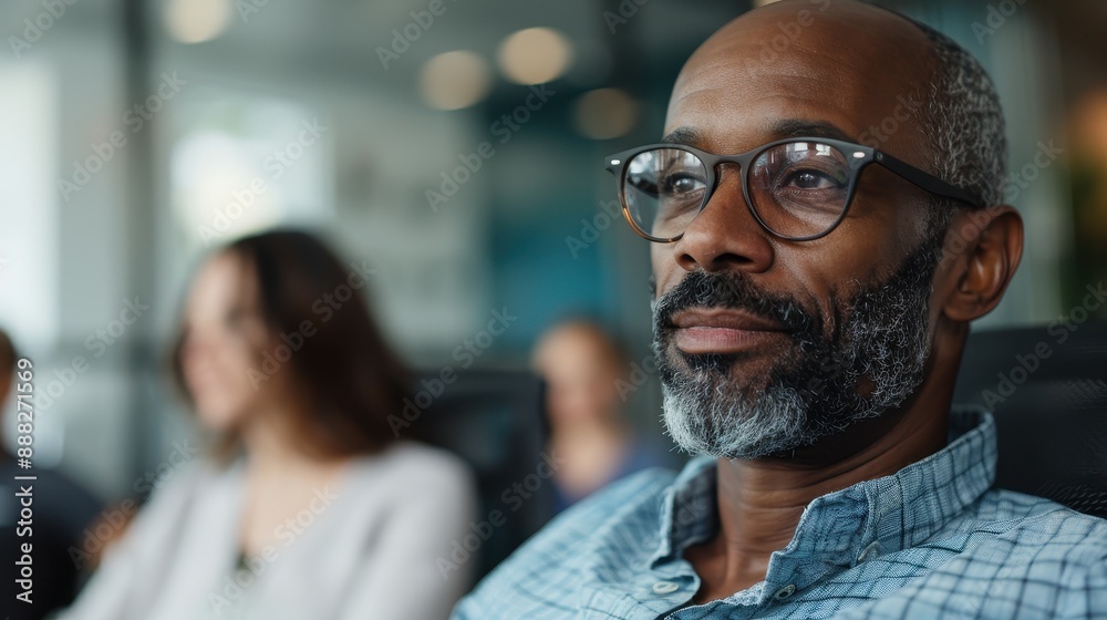 A thoughtful man with glasses, sporting a beard and wearing a checkered shirt, is seated in a modern office with blurred colleagues in the background. A thoughtful man with glasses, sporting a beard and wearing a checkered shirt, is seated in a modern office with blurred colleagues in the background.