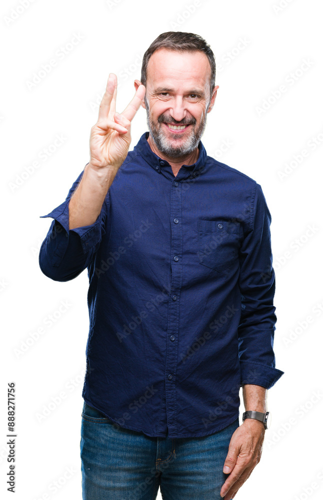 Fototapeta premium Middle age hoary senior man over isolated background showing and pointing up with fingers number three while smiling confident and happy.