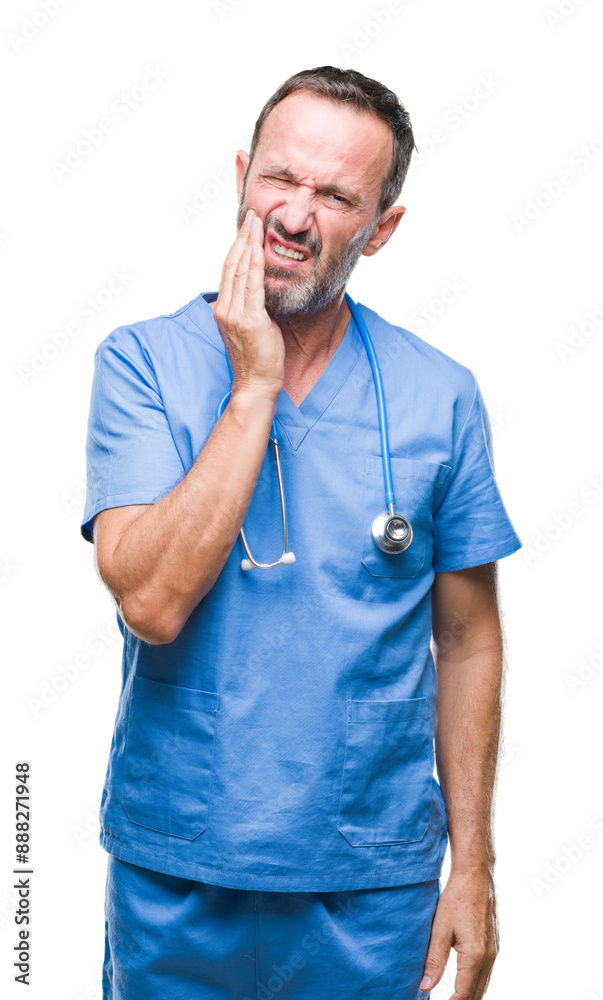 Middle age hoary senior doctor man wearing medical uniform over isolated background touching mouth with hand with painful expression because of toothache or dental illness on teeth. Dentist concept. Middle age hoary senior doctor man wearing medical uniform over isolated background touching mouth with hand with painful expression because of toothache or dental illness on teeth. Dentist concept.