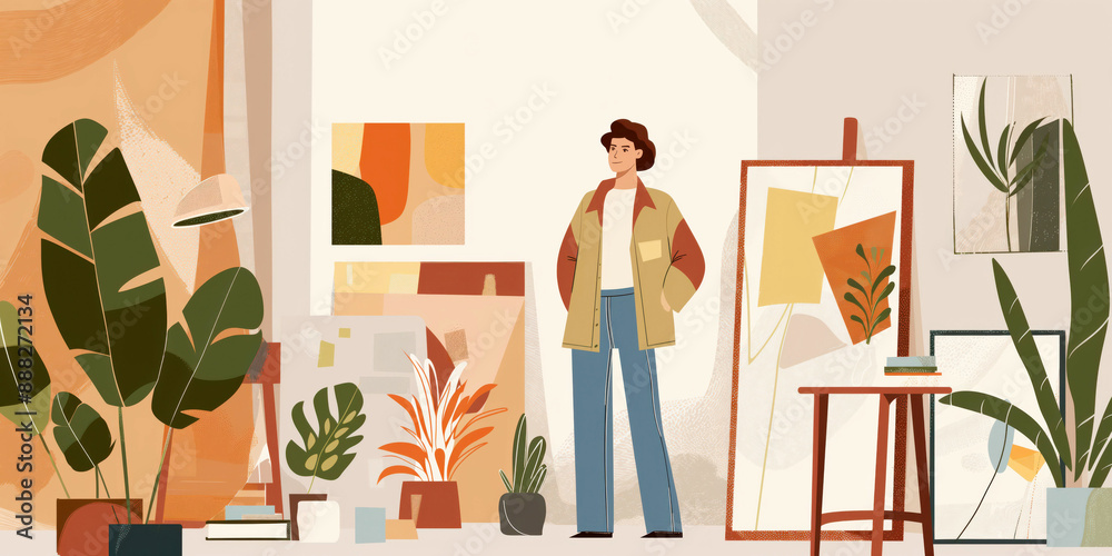 Creative artist in studio with plants, paintings, and easel, modern art concept, creative individual, art space, interior design Creative artist in studio with plants, paintings, and easel, modern art concept, creative individual, art space, interior design