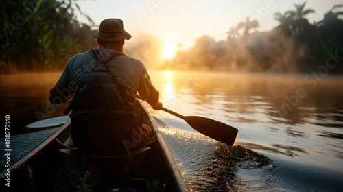 A serene image of a man kayaking on a tranquil river at sunrise, capturing the peaceful moment of solitude and connection with nature amidst the calming early morning mist.