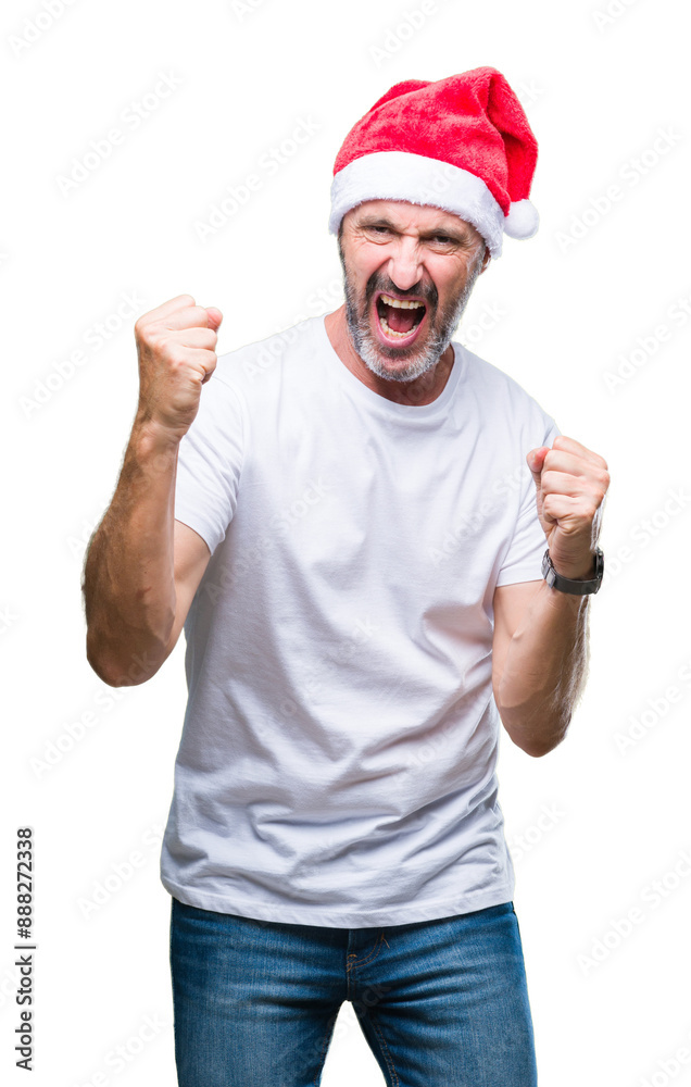 Middle age hoary senior man wearing christmas hat over isolated background very happy and excited doing winner gesture with arms raised, smiling and screaming for success. Celebration concept. Middle age hoary senior man wearing christmas hat over isolated background very happy and excited doing winner gesture with arms raised, smiling and screaming for success. Celebration concept.