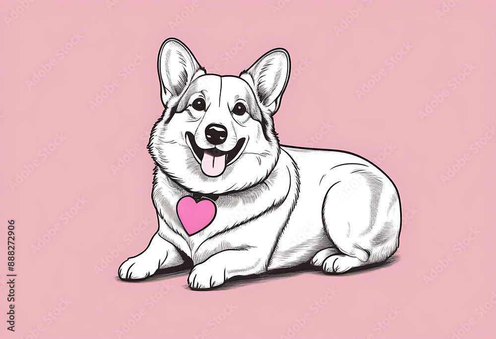 Cute corgi dog with a heart-shaped collar on pink panoramic background, san valentine Cute corgi dog with a heart-shaped collar on pink panoramic background, san valentine