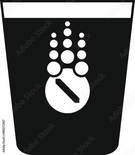 Black and white icon of an effervescent tablet dissolving in a glass of water