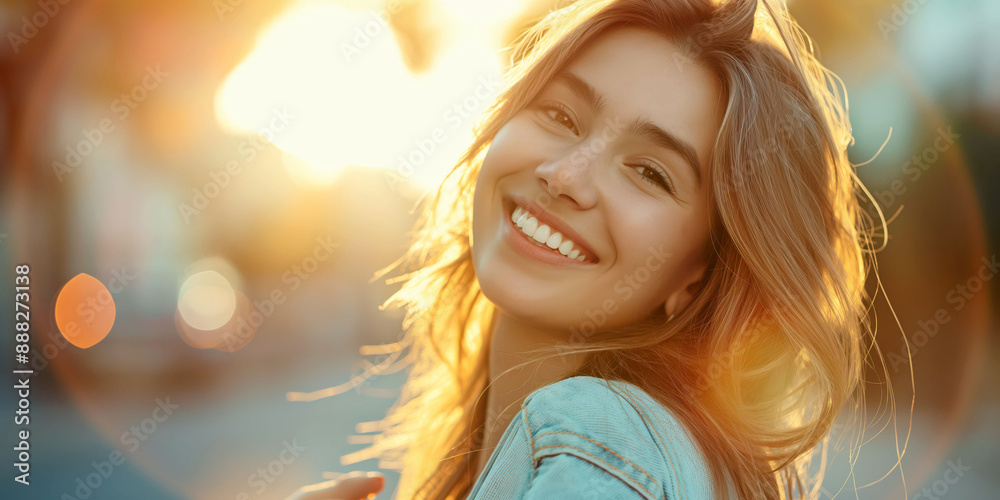 Fototapeta premium Smiling woman in sunlight, happiness and joy in nature, summer vibes, sunlight through hair, cheerful young lady, outdoor portrait, positive emotions, concept