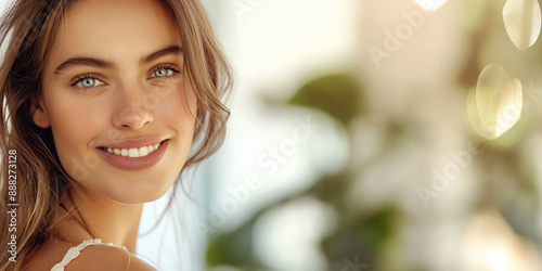Smiling woman with clear skin, beautiful hair, and bright eyes, enjoying a sunny day in a natural setting, natural beauty concept
