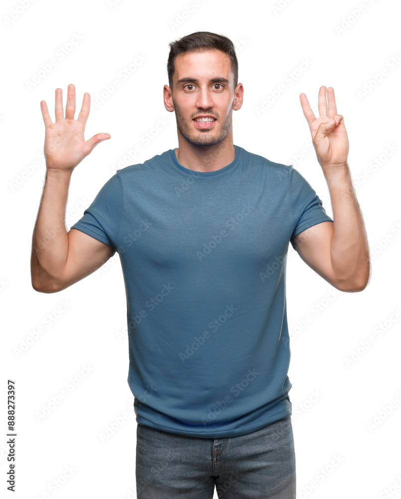 Handsome young casual man showing and pointing up with fingers number eight while smiling confident and happy. Handsome young casual man showing and pointing up with fingers number eight while smiling confident and happy.