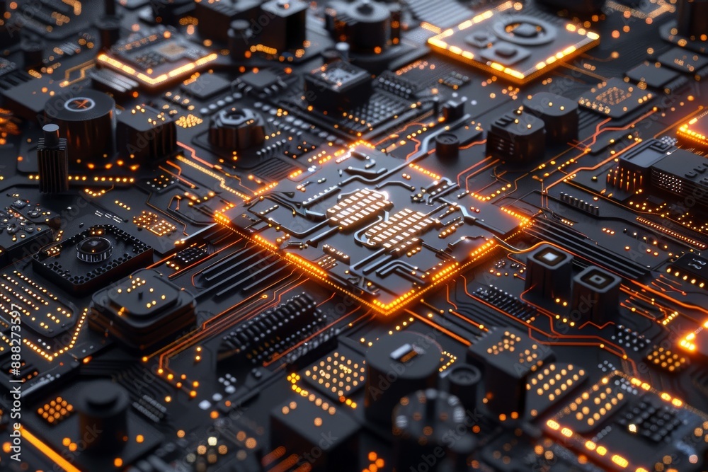 Complex circuit board with red and pink lights, symbolizing advanced technology and digital innovation in a detailed, high-tech visual Complex circuit board with red and pink lights, symbolizing advanced technology and digital innovation in a detailed, high-tech visual